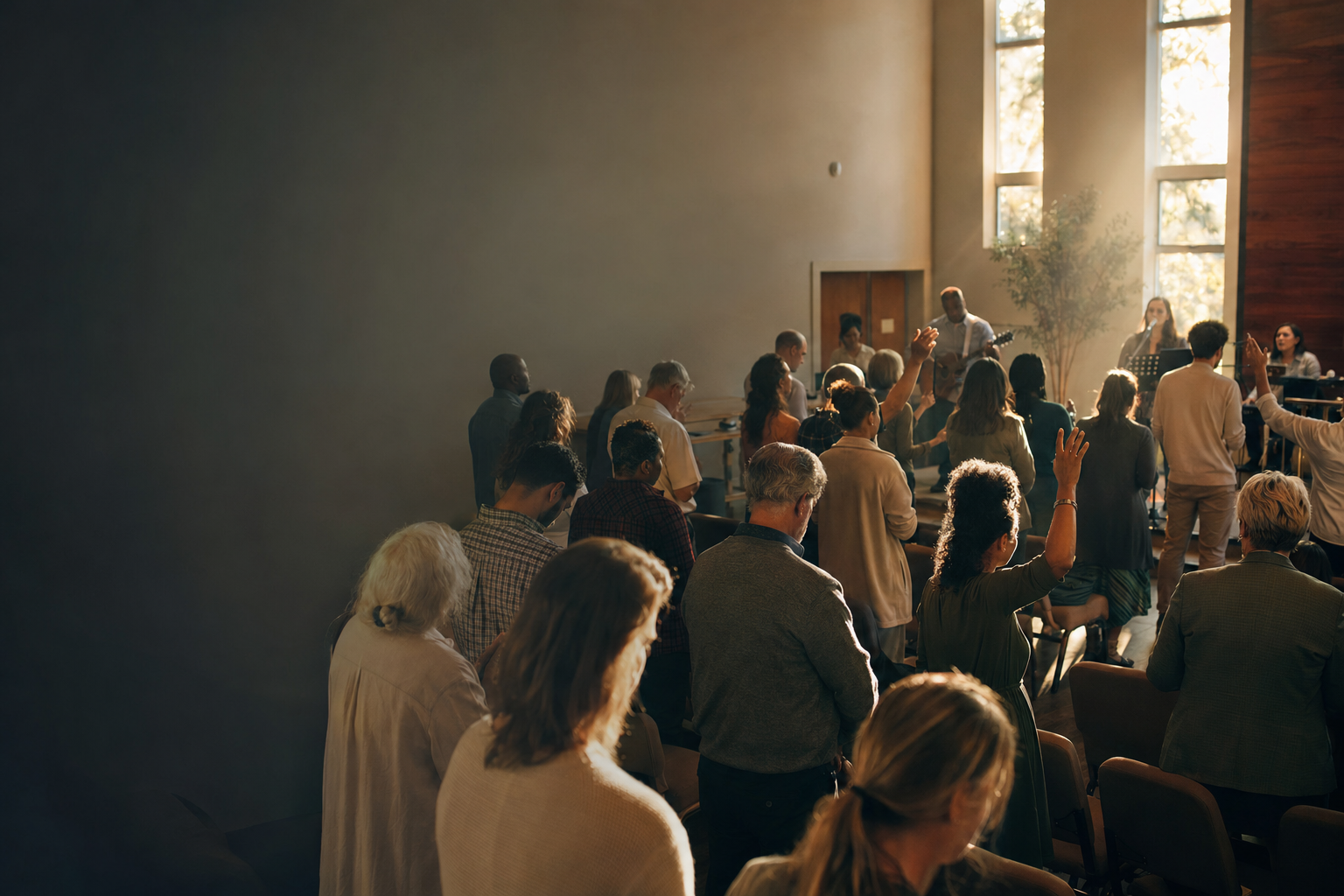 A diverse church family worshipping together in warm light